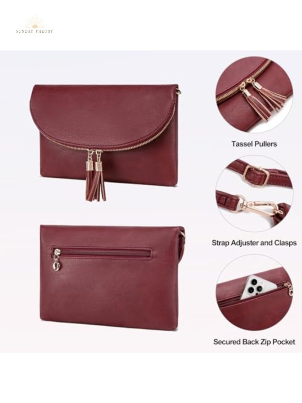 Envelope Clutch Purse with 6 Card Slots, Crossbody Bag with Tassels - Picture 4 of 6